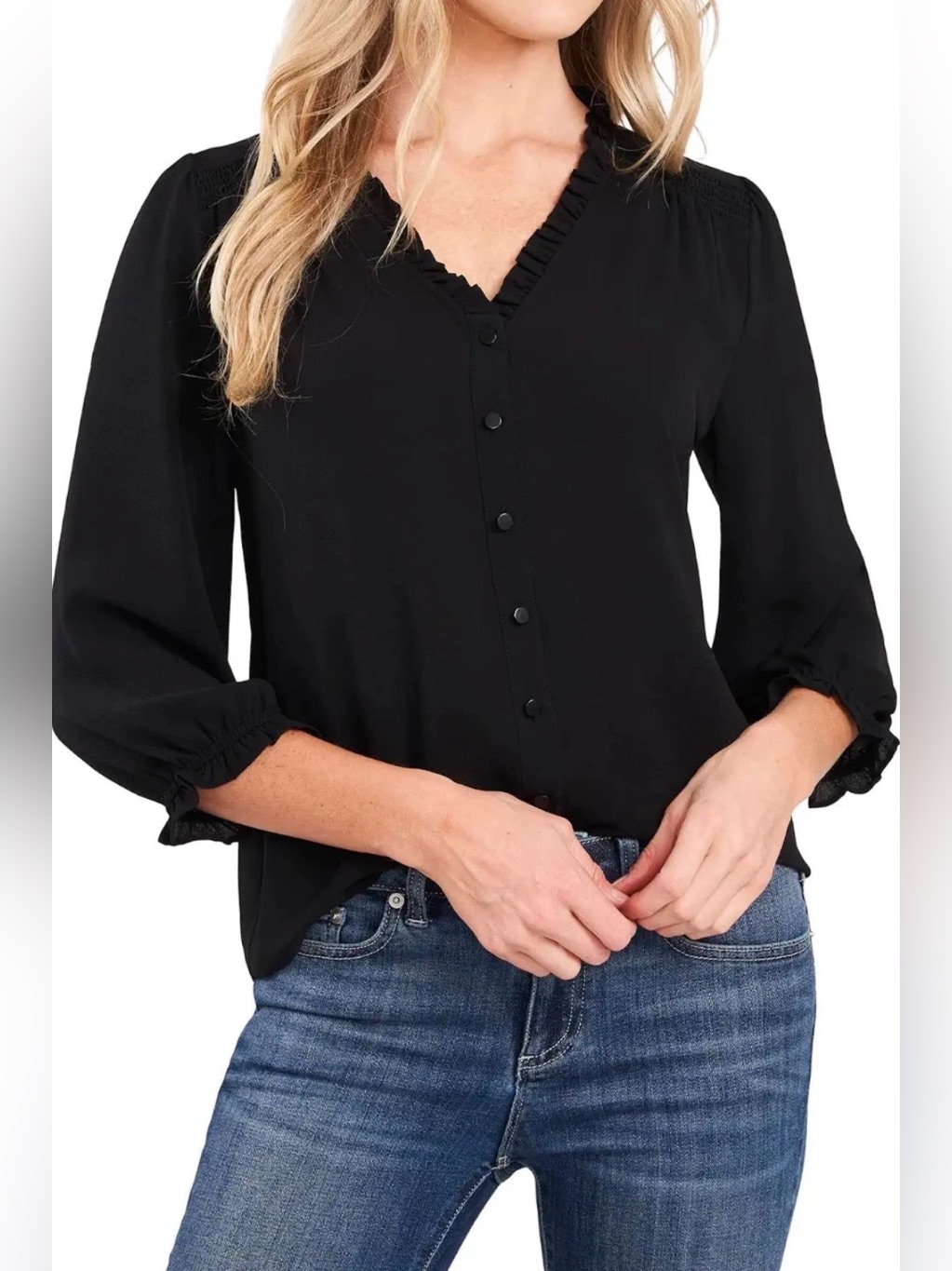 New Women's Plus Size 3x Cece Ruffled V-Neck Button Front Rich Black Blouse $69